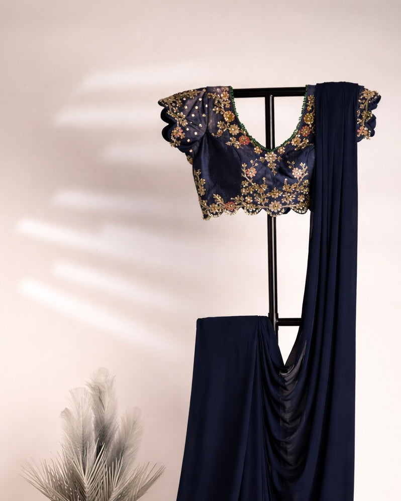 MIDNIGHT NAVY BLUE EMBROIDERED SAREE WITH DESIGNER BLOUSE
