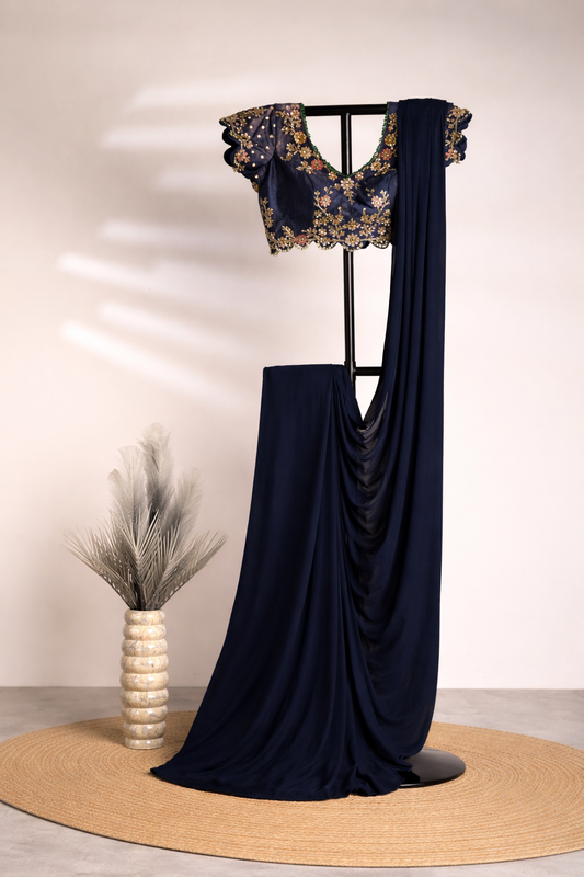 MIDNIGHT NAVY BLUE EMBROIDERED SAREE WITH DESIGNER BLOUSE