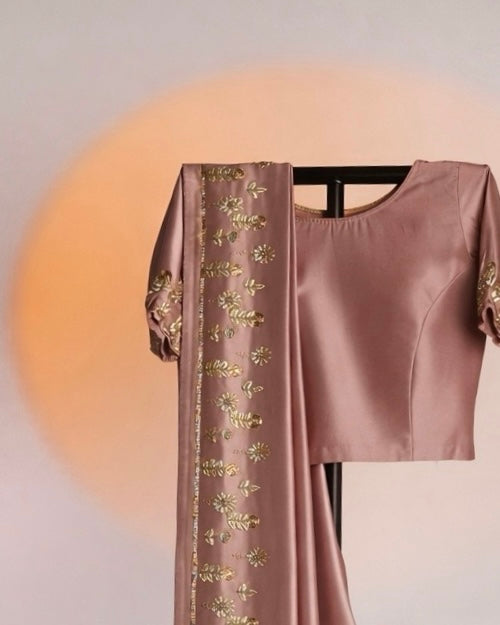 ROSE GOLD SATIN SILK SAREE WITH GOLD ZARI EMBROIDERED BORDER