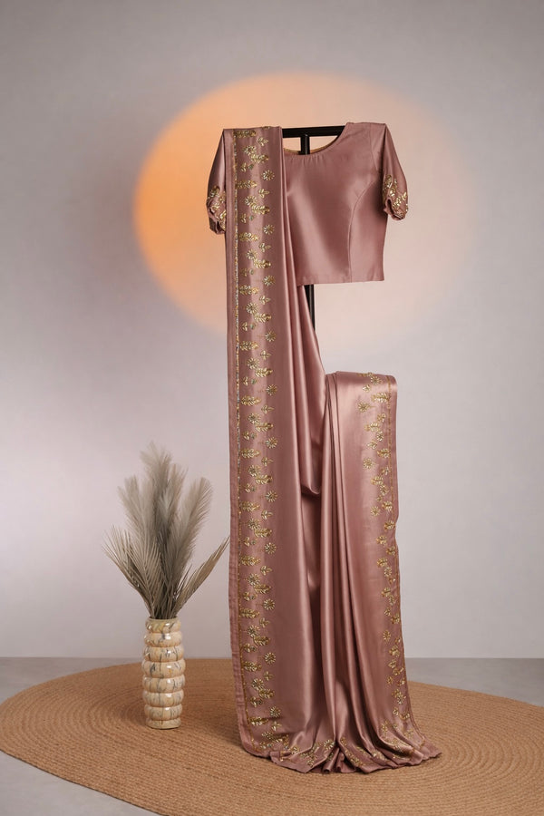 ROSE GOLD SATIN SILK SAREE WITH GOLD ZARI EMBROIDERED BORDER