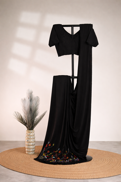 HANDCRAFTED FLORAL EMBROIDERED BLACK SAREE