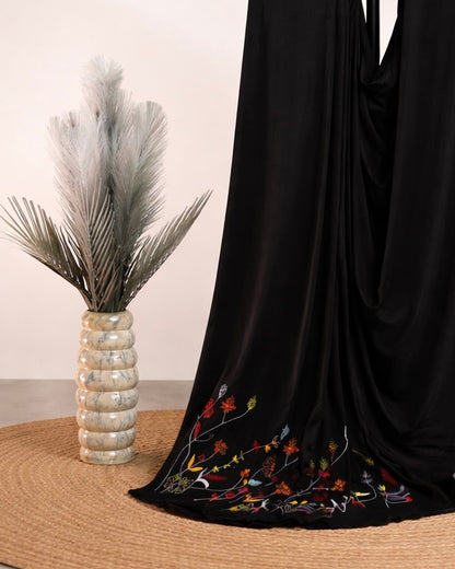 HANDCRAFTED FLORAL EMBROIDERED BLACK SAREE