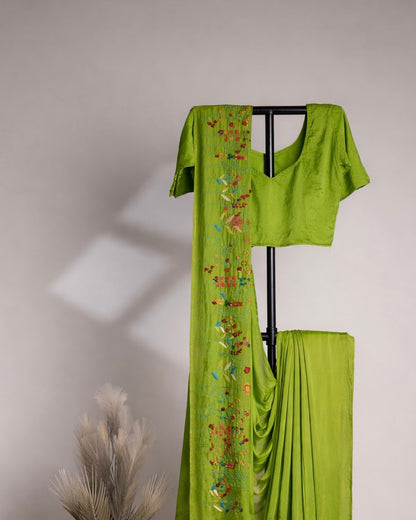 LUXURY HAND-EMBROIDERED PARROT GREEN SAREE SET