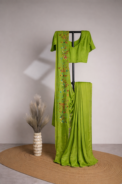 LUXURY HAND-EMBROIDERED PARROT GREEN SAREE SET