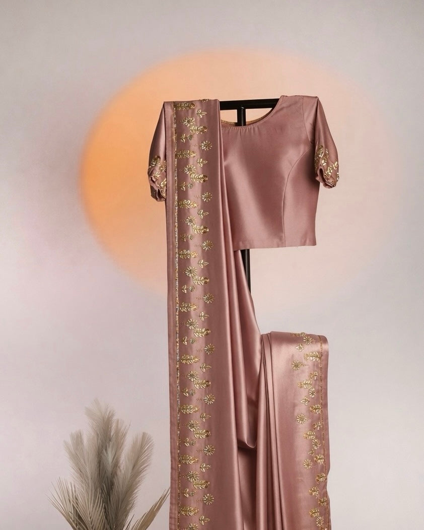 ROSE GOLD SATIN SILK SAREE WITH GOLD ZARI EMBROIDERED BORDER