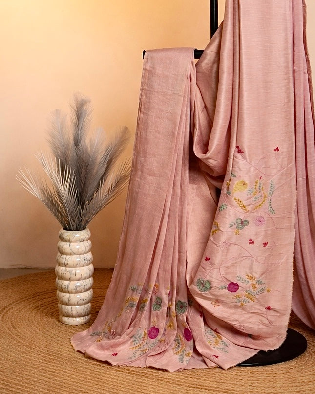 BLUSH PINK FLORAL EMBROIDERED SAREE SET