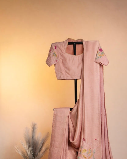 BLUSH PINK FLORAL EMBROIDERED SAREE SET