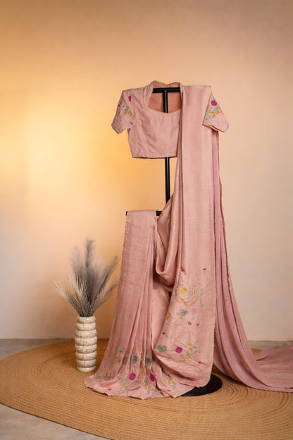 BLUSH PINK FLORAL EMBROIDERED SAREE SET