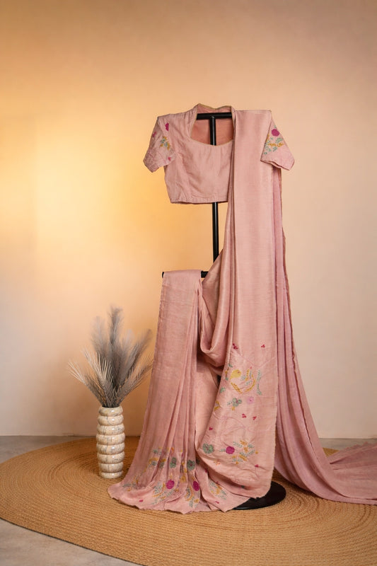 BLUSH PINK FLORAL EMBROIDERED SAREE SET
