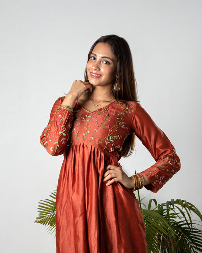 RUST ELEGANCE FLORAL EMBROIDERED ANARKALI SET