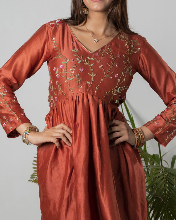 RUST ELEGANCE FLORAL EMBROIDERED ANARKALI SET
