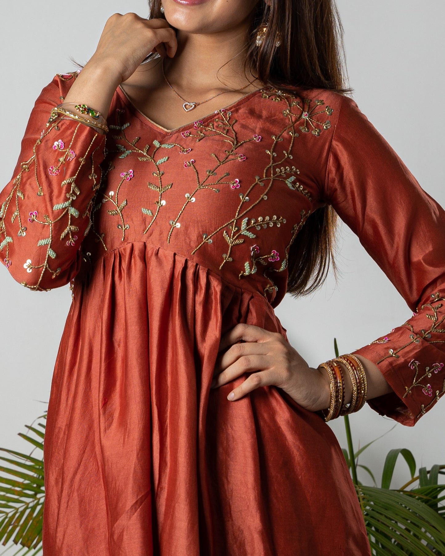 RUST ELEGANCE FLORAL EMBROIDERED ANARKALI SET