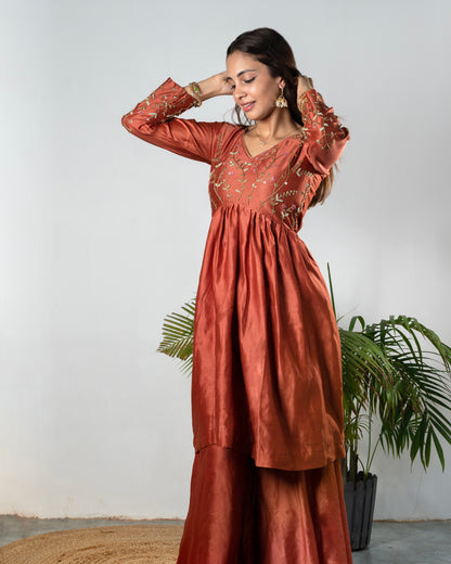 RUST ELEGANCE FLORAL EMBROIDERED ANARKALI SET