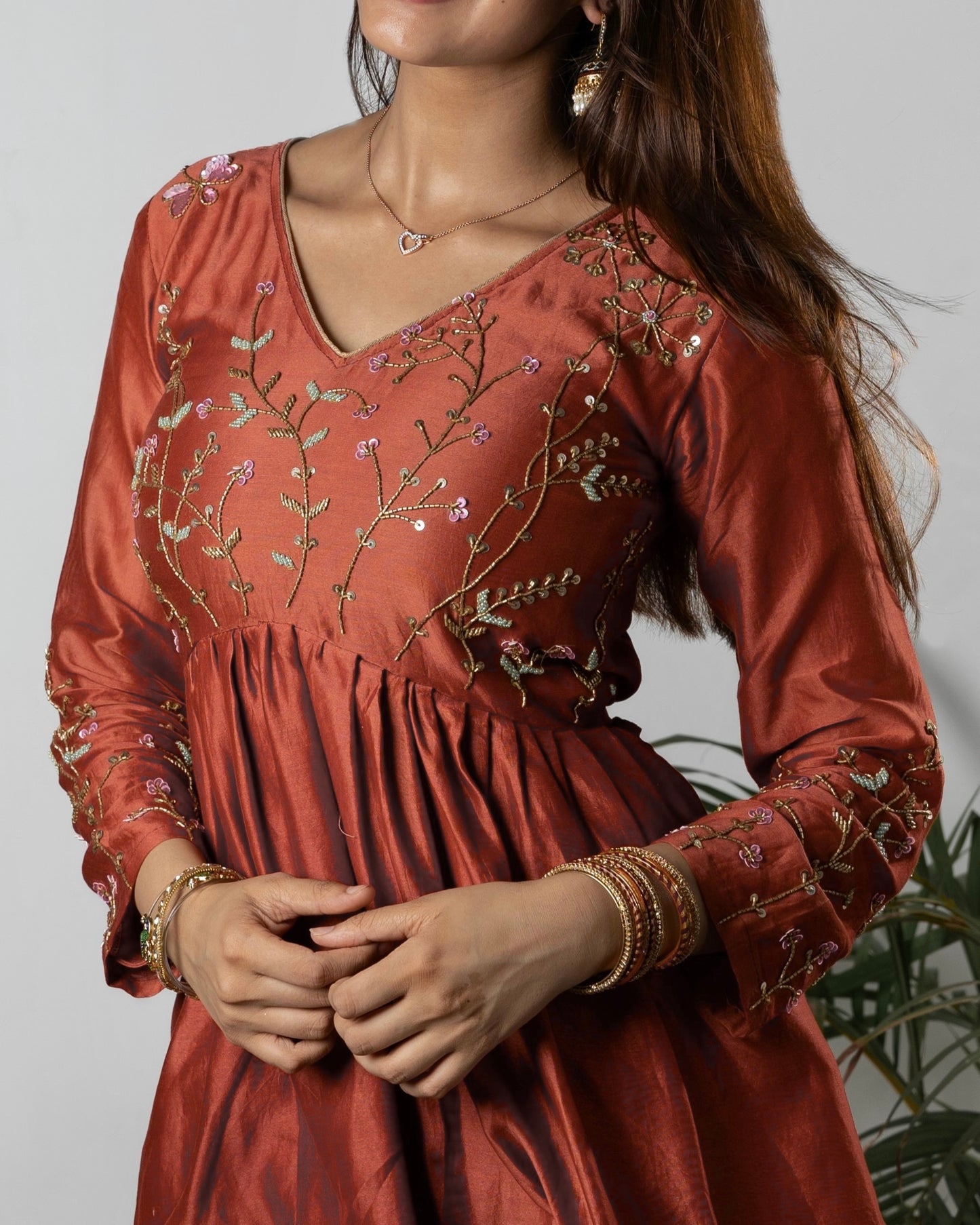 RUST ELEGANCE FLORAL EMBROIDERED ANARKALI SET