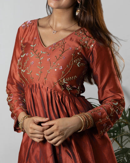 RUST ELEGANCE FLORAL EMBROIDERED ANARKALI SET