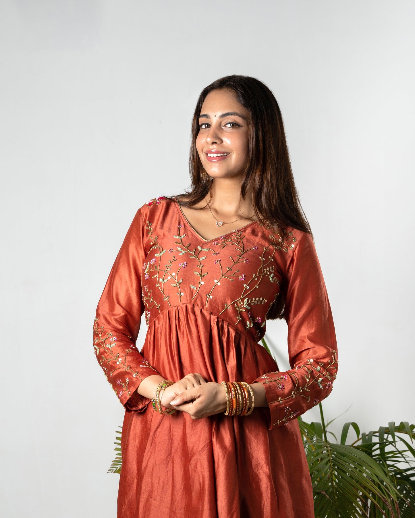 RUST ELEGANCE FLORAL EMBROIDERED ANARKALI SET
