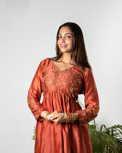 RUST ELEGANCE FLORAL EMBROIDERED ANARKALI SET