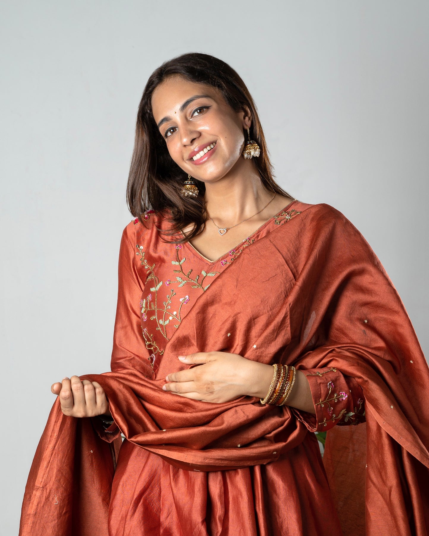 RUST ELEGANCE FLORAL EMBROIDERED ANARKALI SET