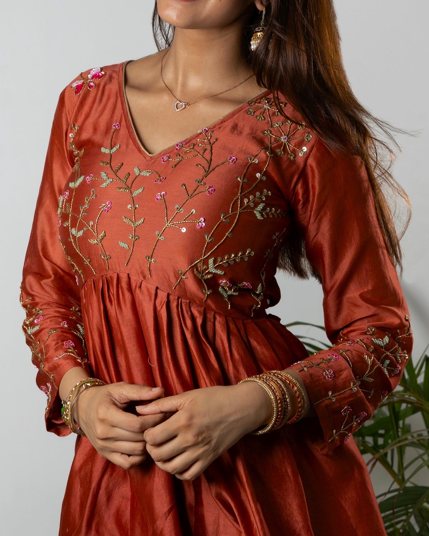 RUST ELEGANCE FLORAL EMBROIDERED ANARKALI SET