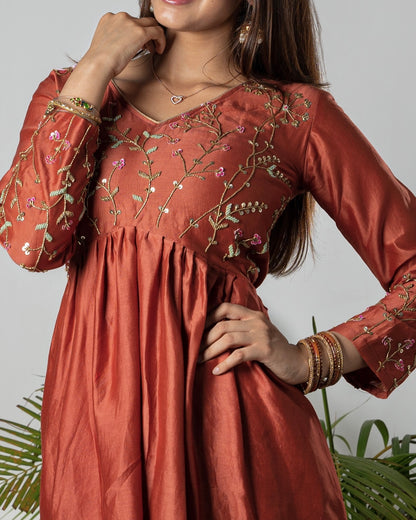 RUST ELEGANCE FLORAL EMBROIDERED ANARKALI SET